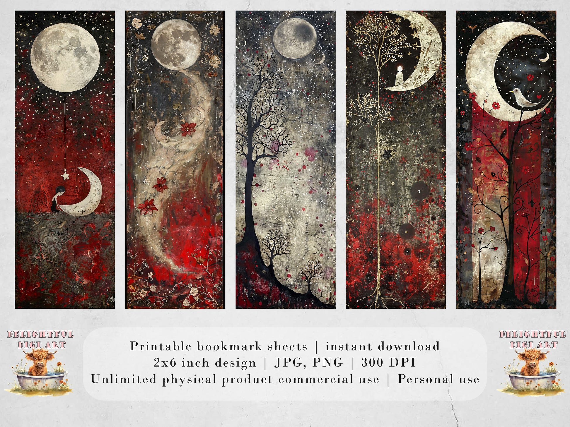 Whimsical Moon Printable Bookmarks: Quirky Bookmark Sheets, PNG Celestial sublimation, Red and Black, Trendy Art, Night time, Fantasy, Dream