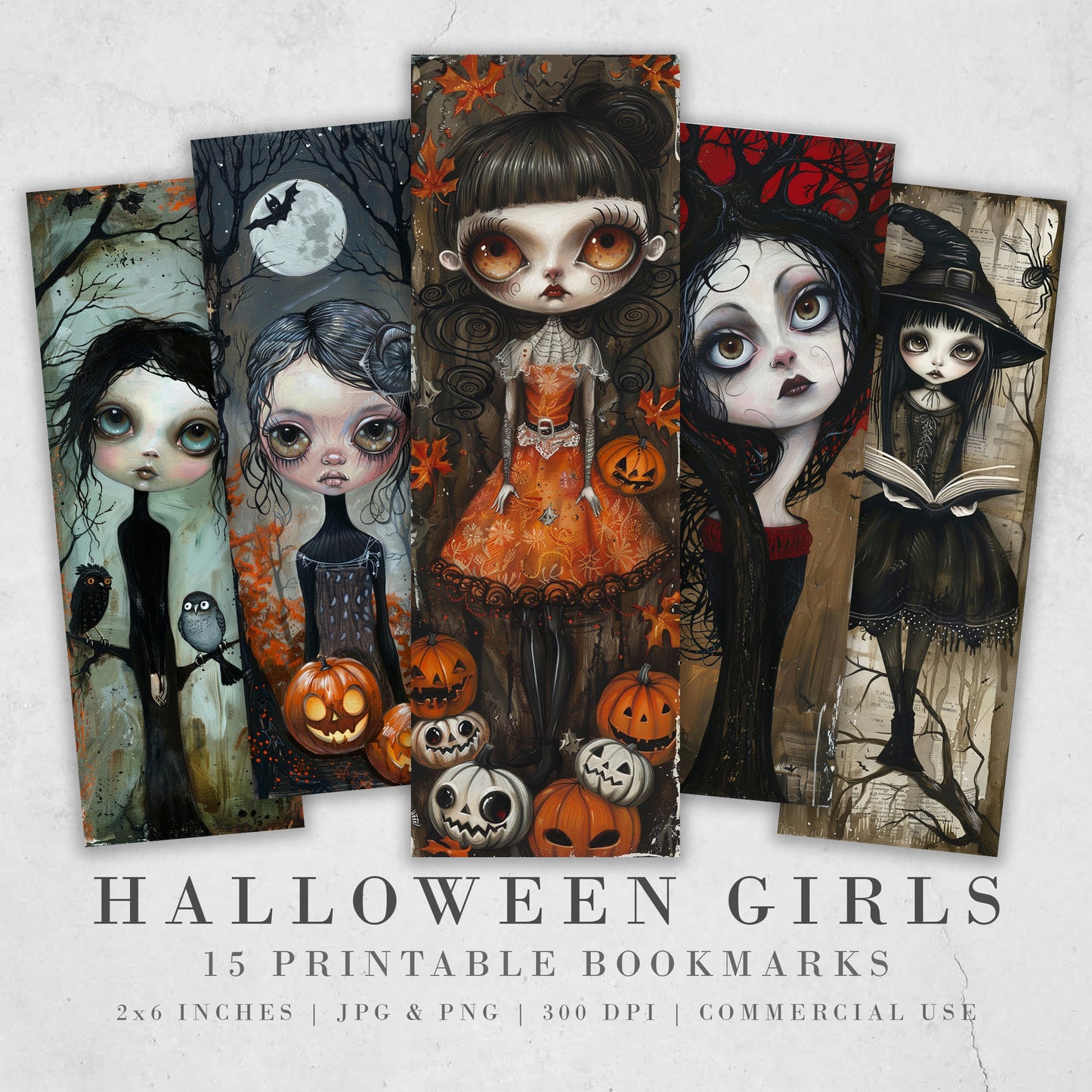 Halloween Girls Printable Bookmarks | Digital Download JPG Bookmark Set| PNG sublimation| Whimsical Spooky bookmark Bundle| Cute Chibi Art