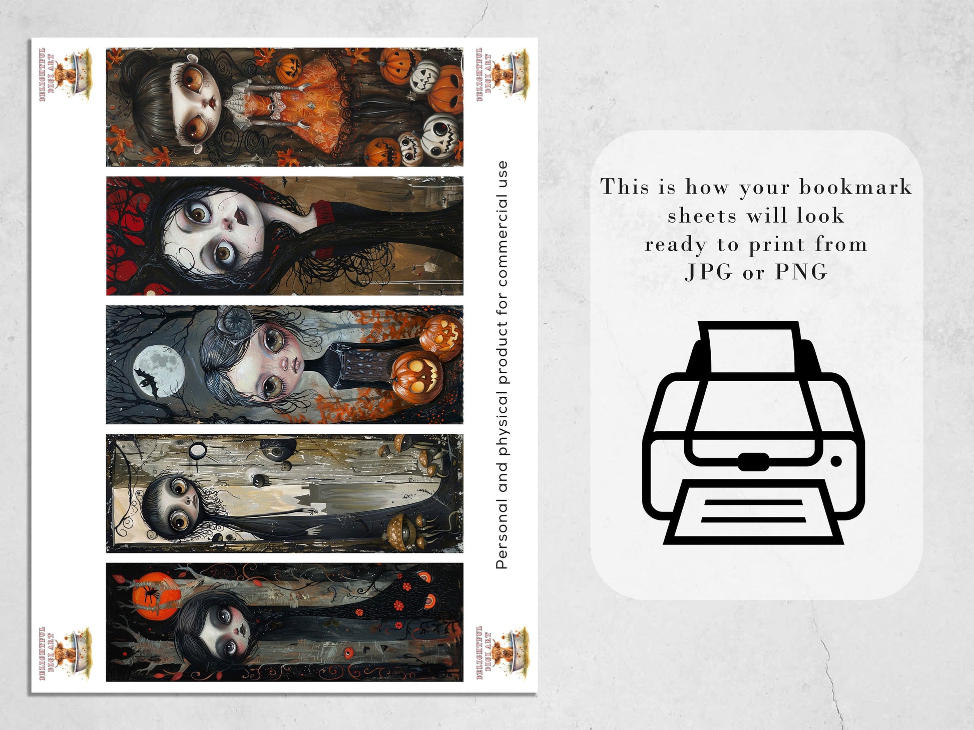 Halloween Girls Printable Bookmarks | Digital Download JPG Bookmark Set| PNG sublimation| Whimsical Spooky bookmark Bundle| Cute Chibi Art