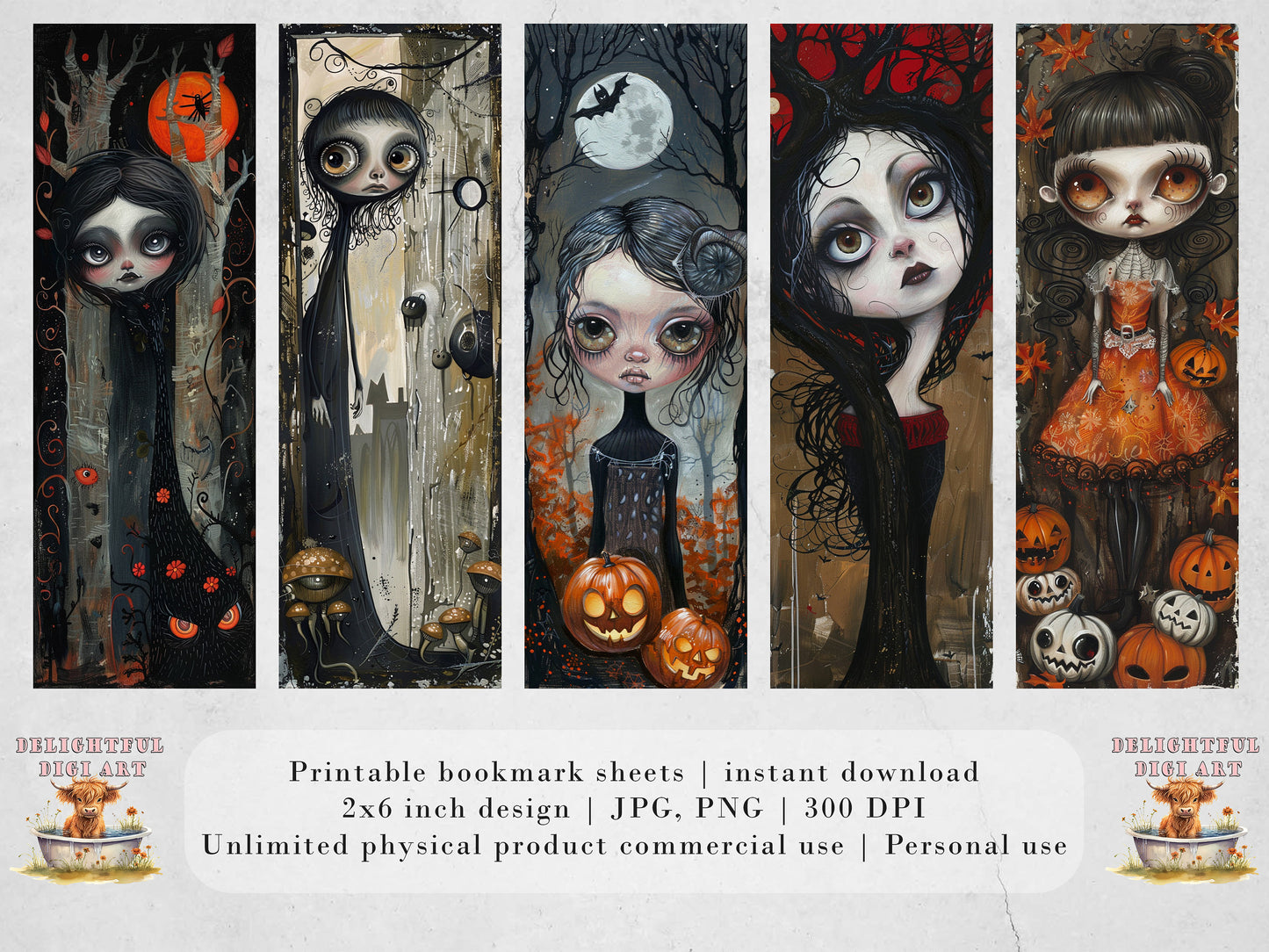 Halloween Girls Printable Bookmarks | Digital Download JPG Bookmark Set| PNG sublimation| Whimsical Spooky bookmark Bundle| Cute Chibi Art