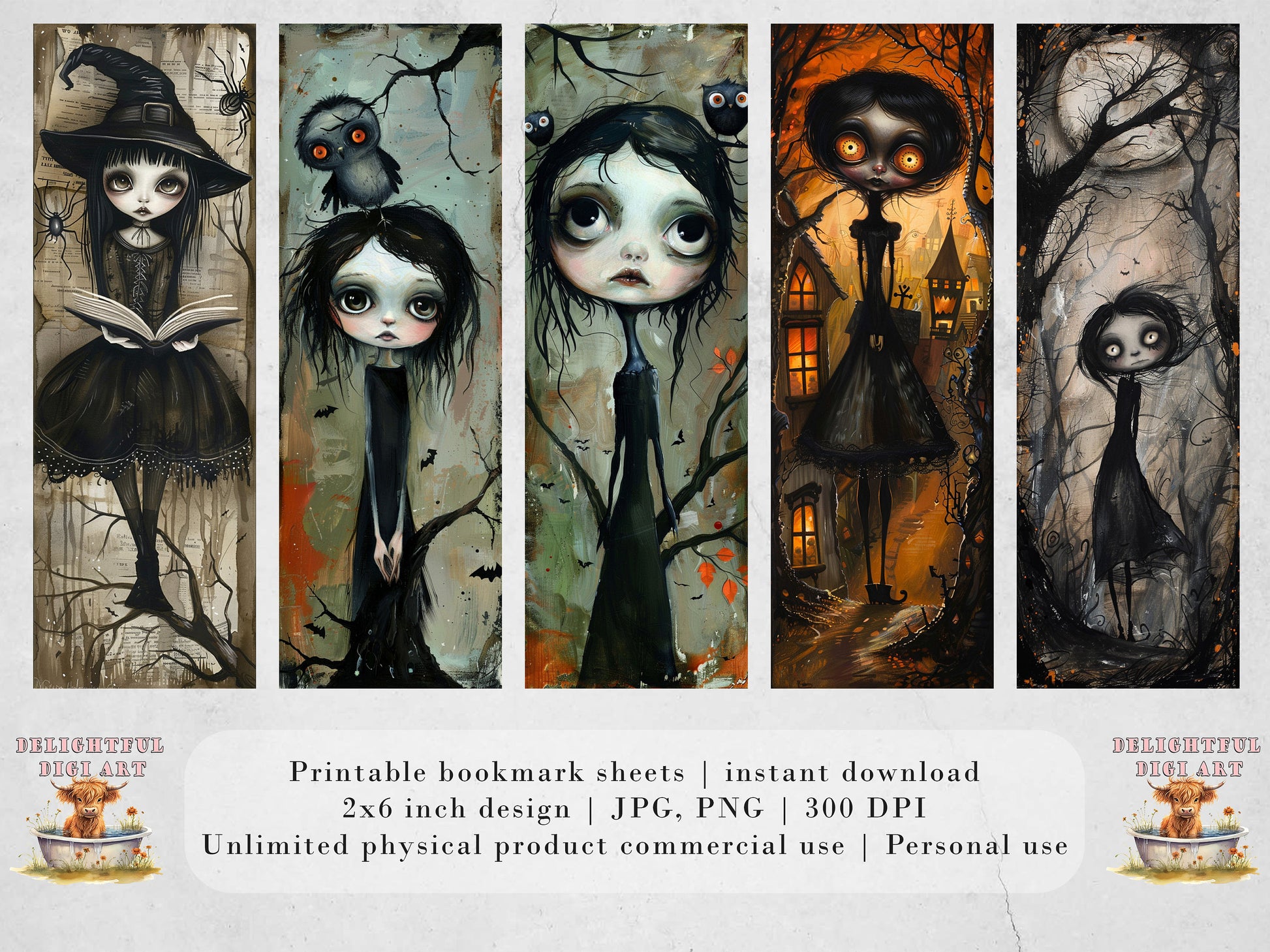 Halloween Girls Printable Bookmarks | Digital Download JPG Bookmark Set| PNG sublimation| Whimsical Spooky bookmark Bundle| Cute Chibi Art