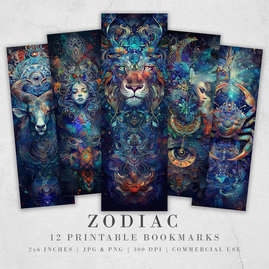 12 Zodiac Printable Bookmarks, Digital Download JPG Bookmark Sheets, Horoscope sublimation, Astrology, Celestial, Star Sign, Bookish Gifts