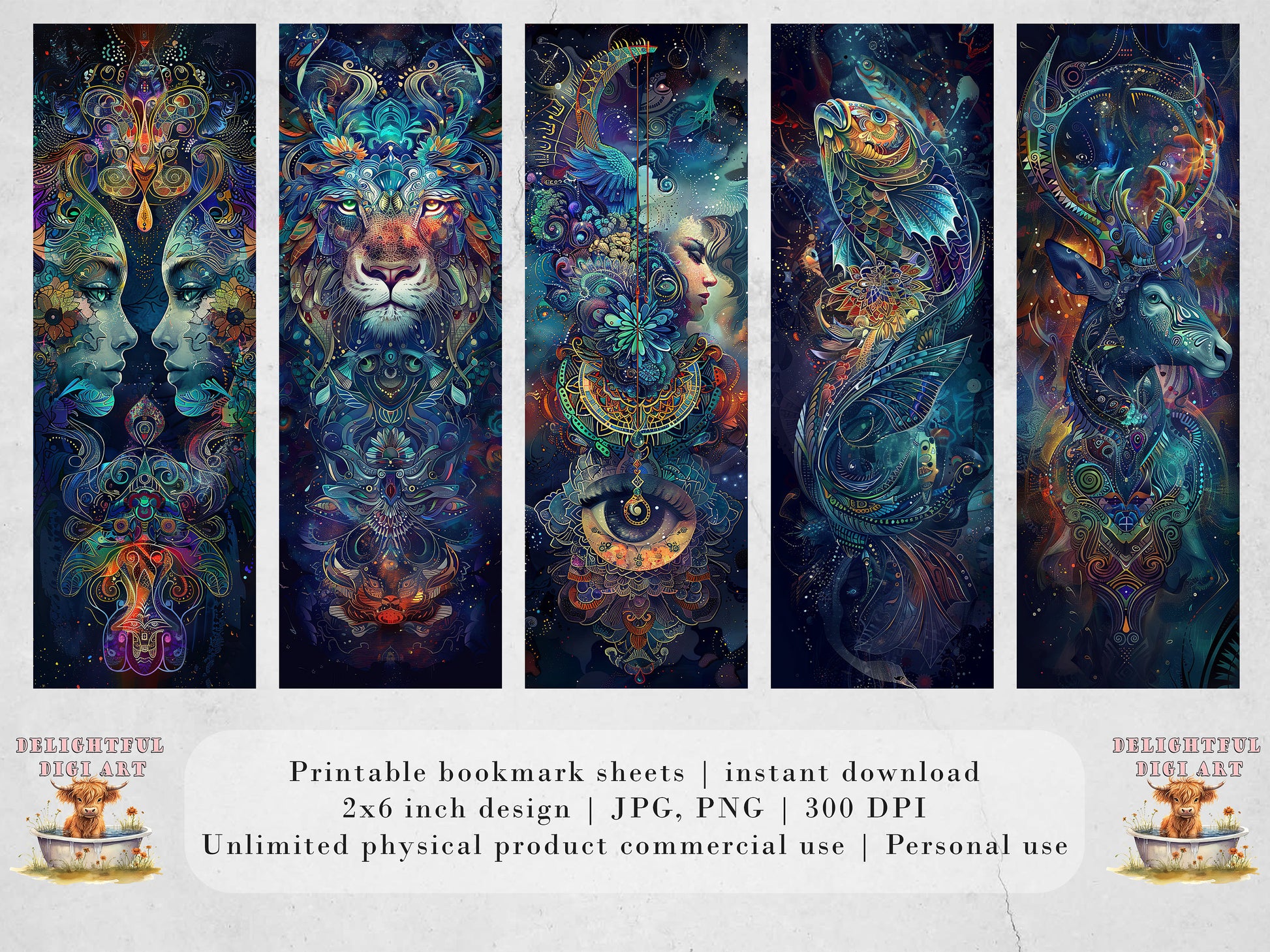 12 Zodiac Printable Bookmarks, Digital Download JPG Bookmark Sheets, Horoscope sublimation, Astrology, Celestial, Star Sign, Bookish Gifts