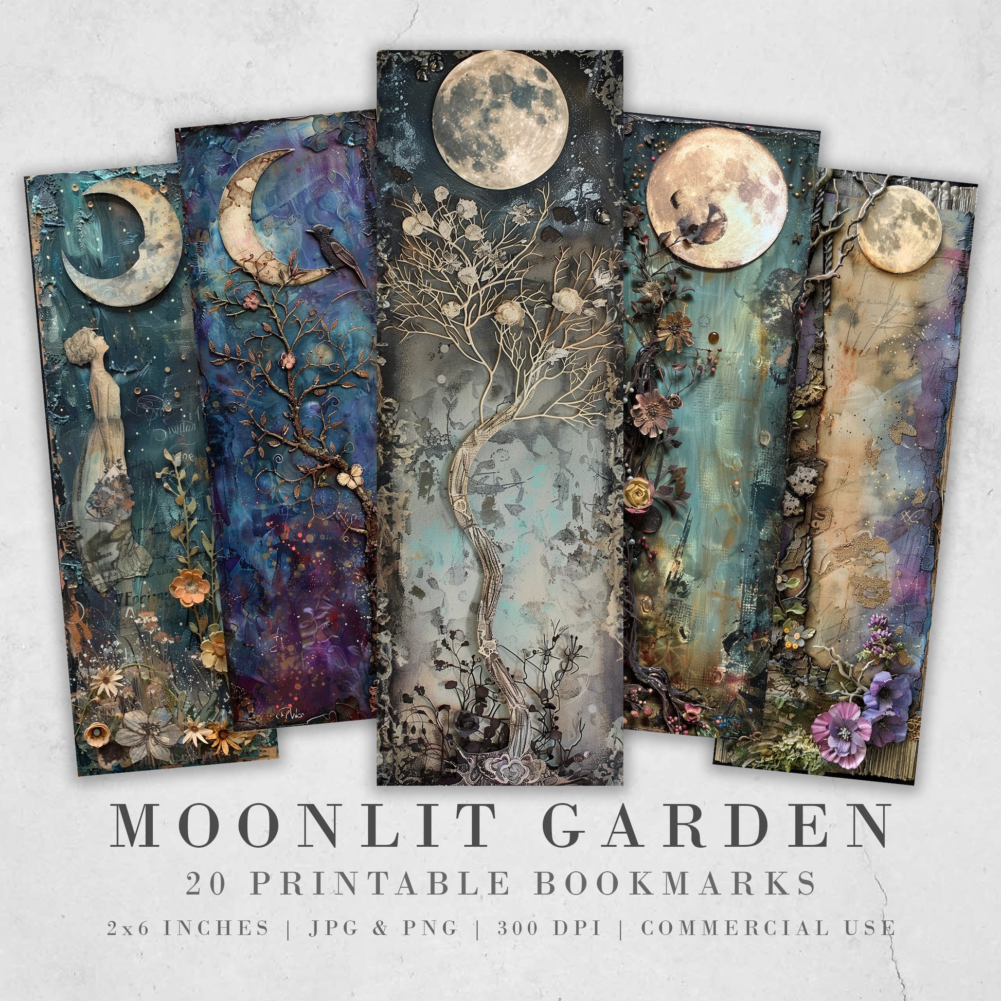 Moonlit Garden Printable Bookmarks| Mixed Media Themed Bookmarks| 4 JPG Sheets| PNG bookmark sublimation| Scrapbook Fussy Cuts| DIY Gift