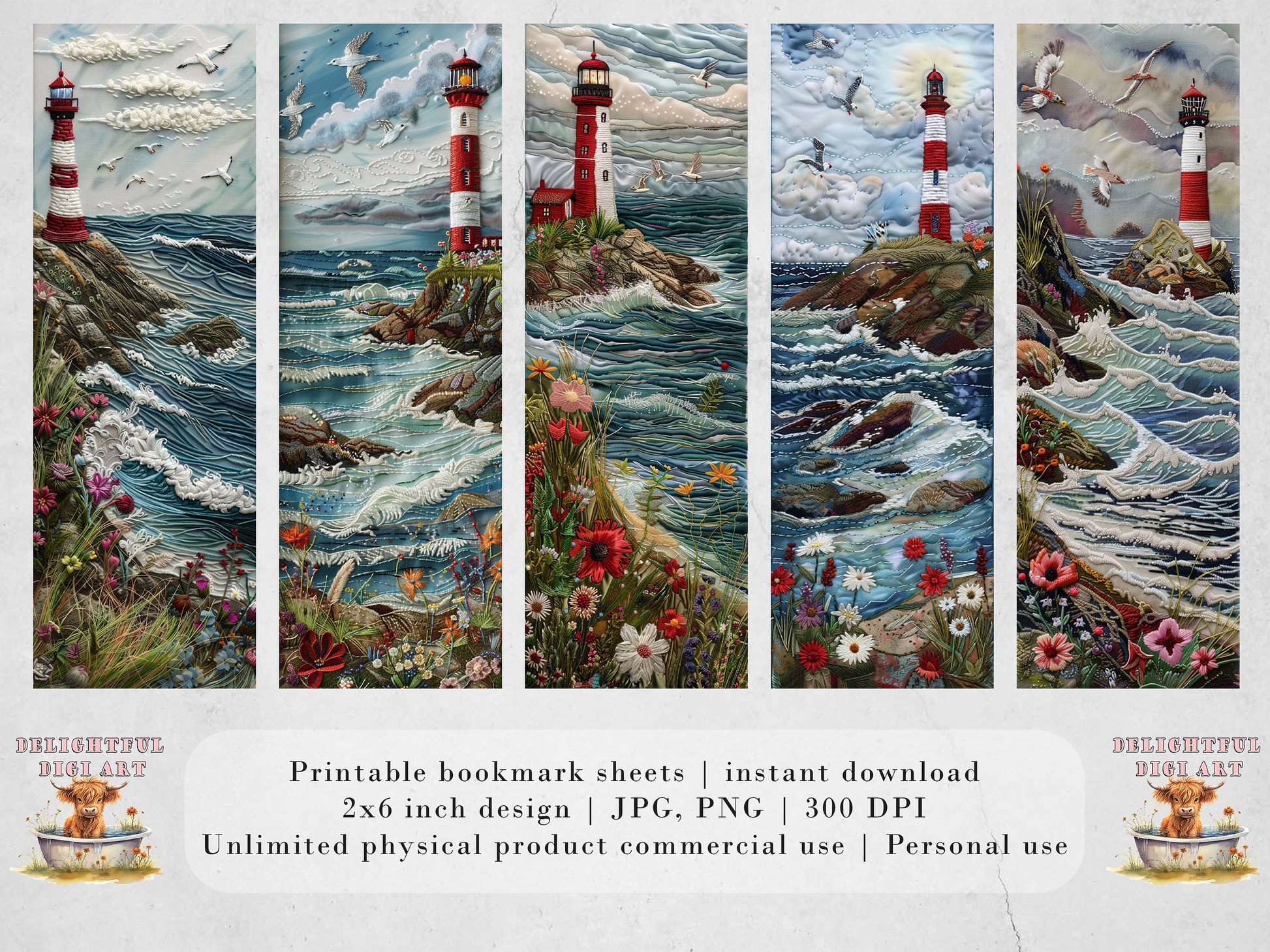 Coastal Embroidery Printable Bookmarks| Lighthouse Themed Bookmarks| 4 JPG Sheets| PNG bookmark sublimation| Scrapbook Fussy Cuts| DIY Gift