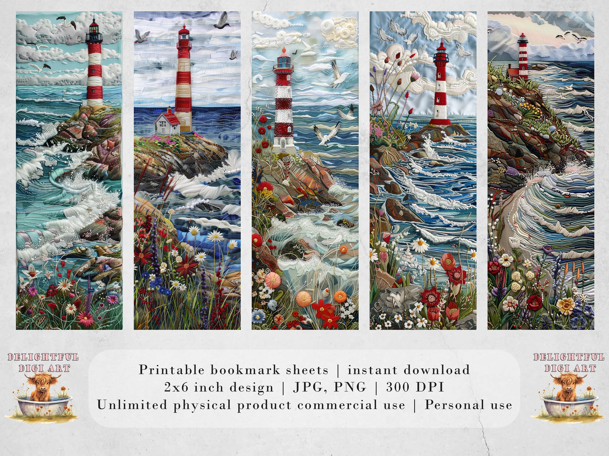 Coastal Embroidery Printable Bookmarks| Lighthouse Themed Bookmarks| 4 JPG Sheets| PNG bookmark sublimation| Scrapbook Fussy Cuts| DIY Gift