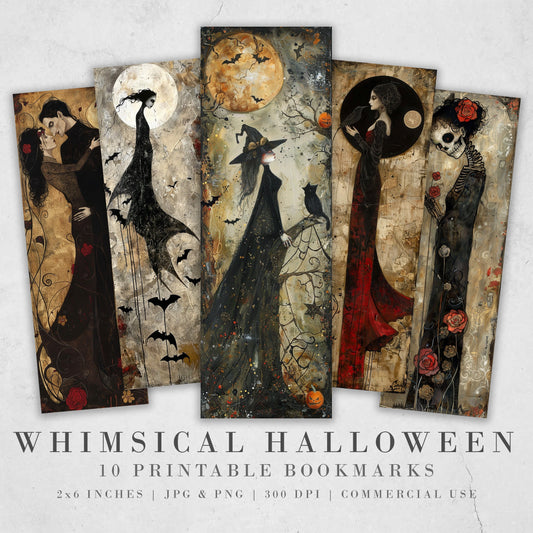 10 Whimsical Halloween Printable Bookmarks | Digital Download JPG Bookmark Set| PNG bookmark sublimation | Quirky bookmark set | Fussy Cuts