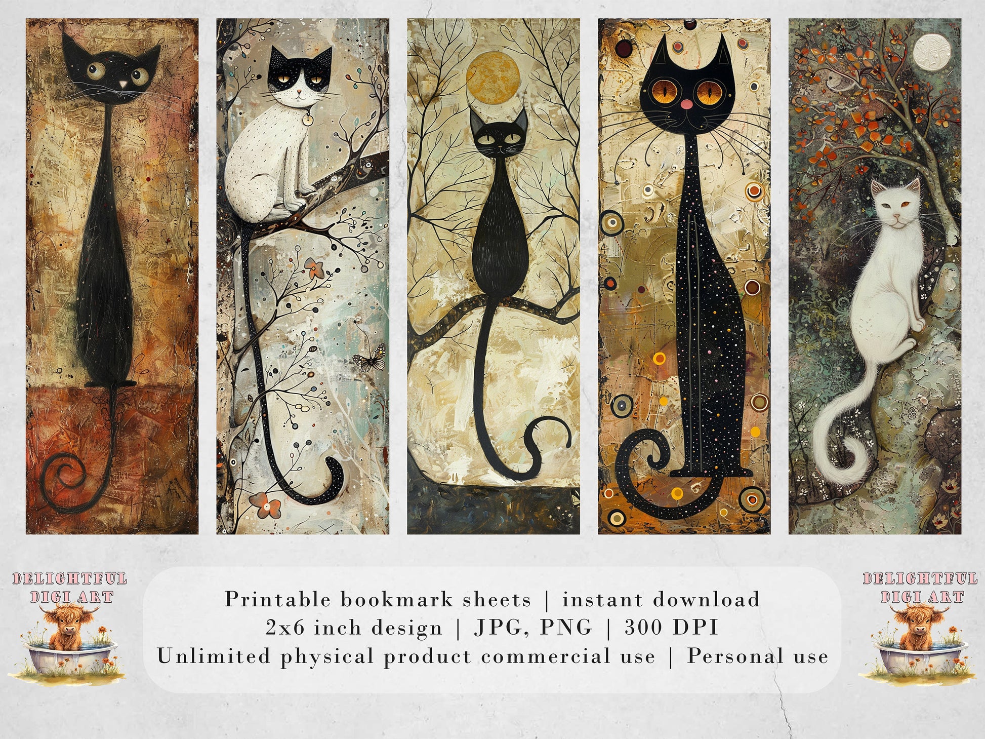 10 Whimsical Cats Printable Bookmarks | Digital Download JPG Bookmark Set| PNG bookmark sublimation | Quirky bookmark set | Fussy Cuts Gift