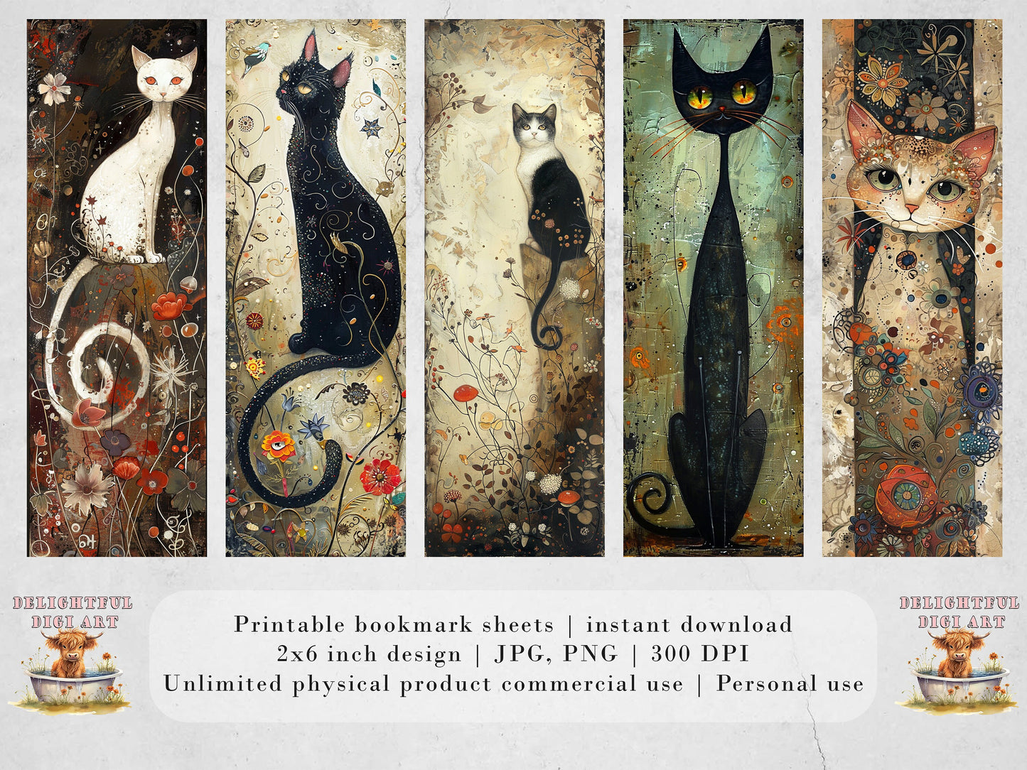 10 Whimsical Cats Printable Bookmarks | Digital Download JPG Bookmark Set| PNG bookmark sublimation | Quirky bookmark set | Fussy Cuts Gift