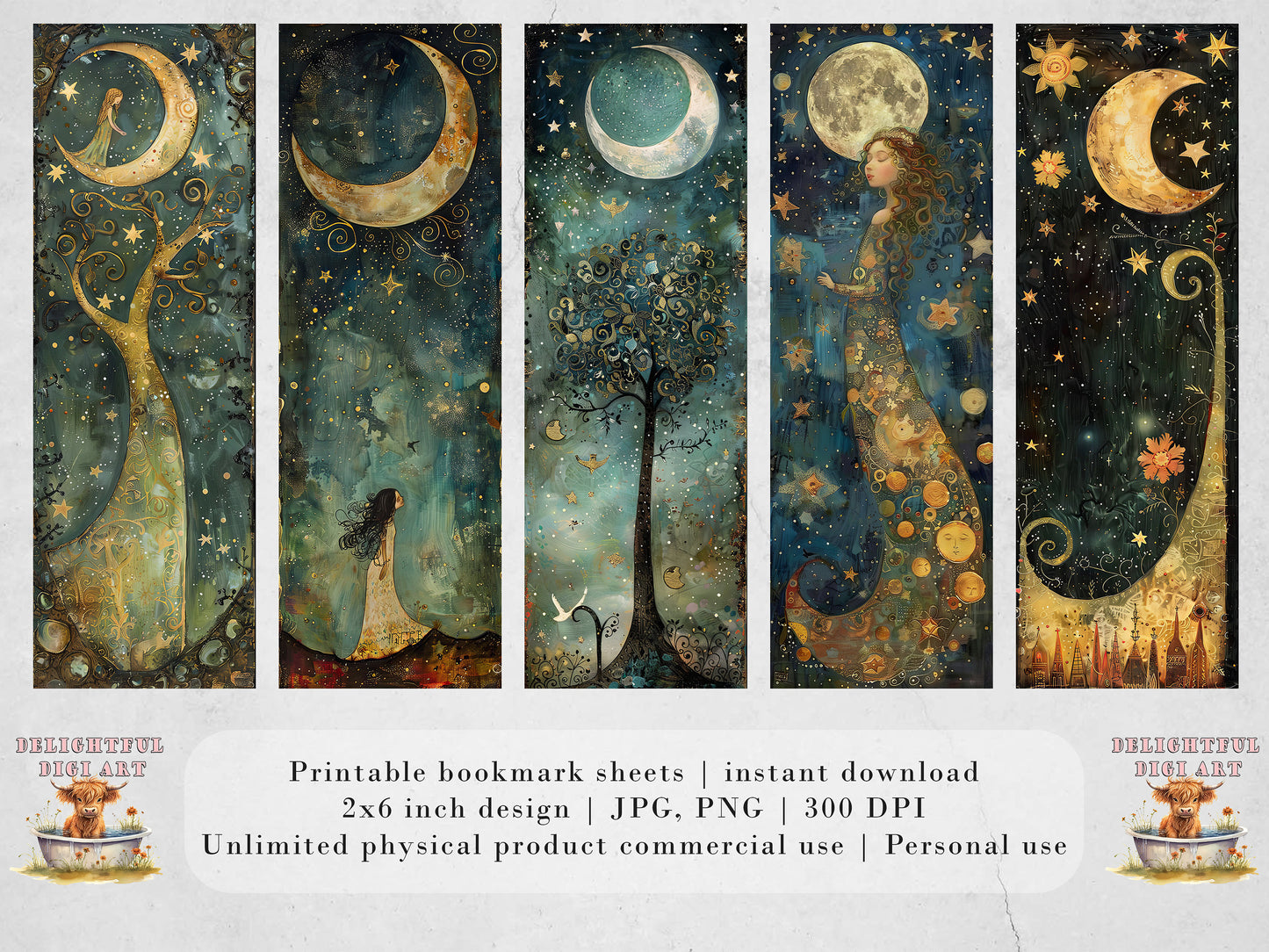 Celestial Dreaming Printable Bookmarks| Dream Themed Bookmarks| 3 JPG Sheets| PNG bookmark sublimation| Whimsical Scrapbooking DIY Gift Idea