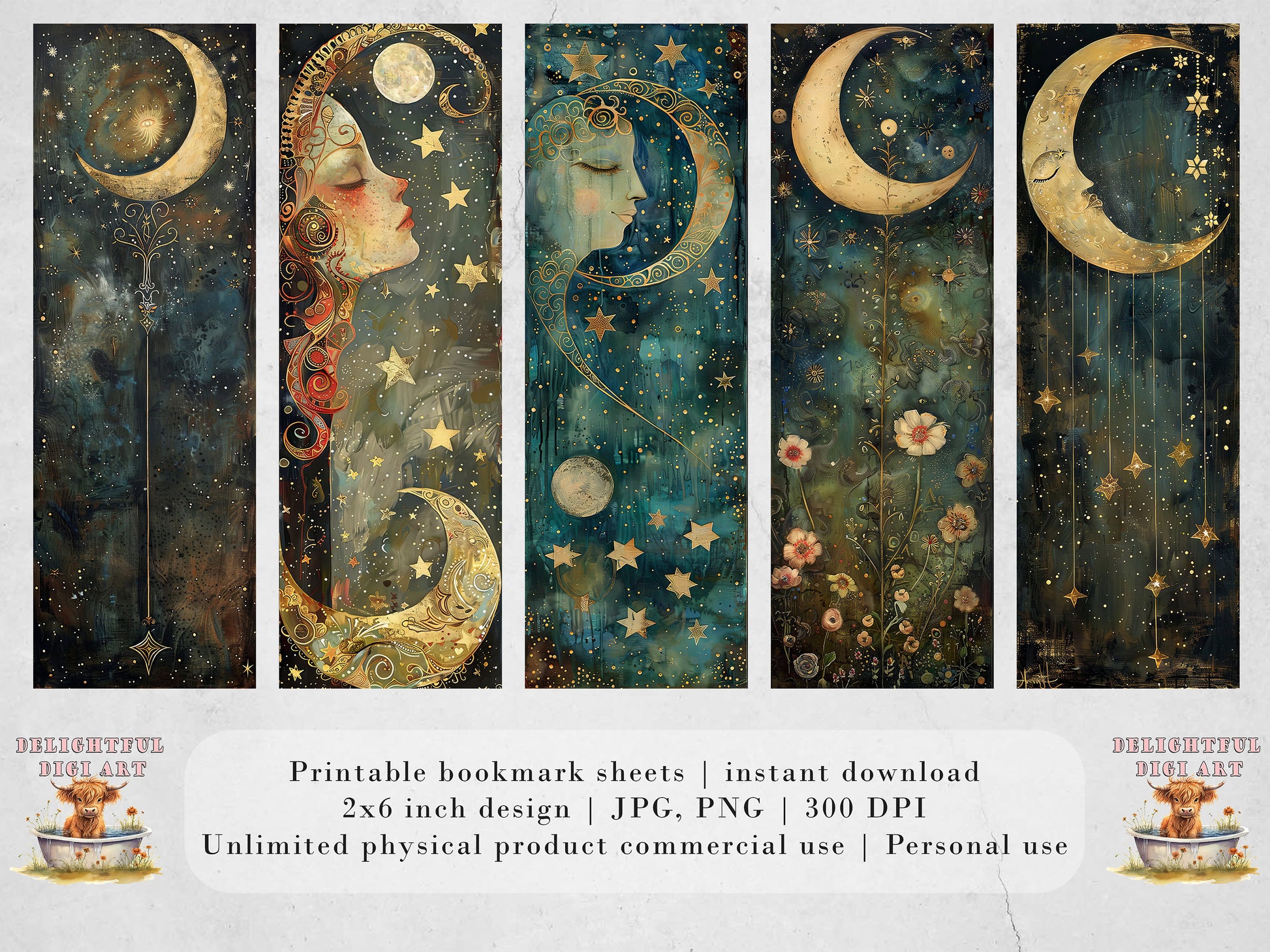 Celestial Dreaming Printable Bookmarks| Dream Themed Bookmarks| 3 JPG Sheets| PNG bookmark sublimation| Whimsical Scrapbooking DIY Gift Idea