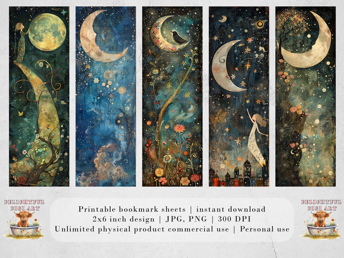 Celestial Dreaming Printable Bookmarks| Dream Themed Bookmarks| 3 JPG Sheets| PNG bookmark sublimation| Whimsical Scrapbooking DIY Gift Idea