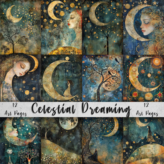 Celestial Dreaming Printable Art Pages| Whimsical Art Pack | Quirky Digital Paper| Moon Themed Scrapbooking Images and Junk Journal Art