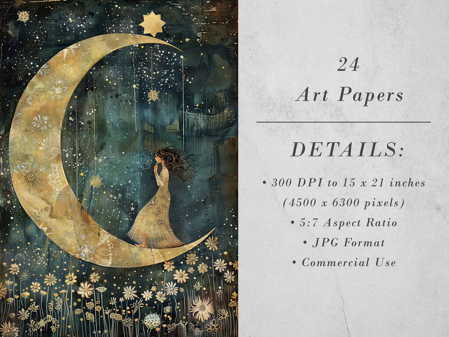 Celestial Dreaming Printable Art Pages| Whimsical Art Pack | Quirky Digital Paper| Moon Themed Scrapbooking Images and Junk Journal Art