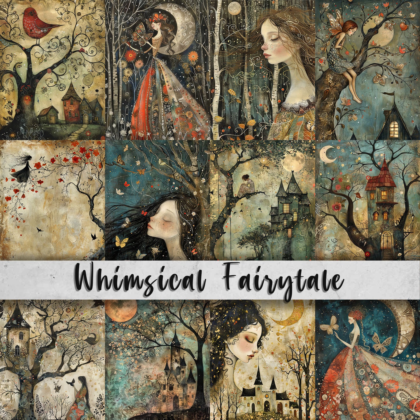 Whimsical Fairy tale Printable Art Pages| Quirky Art Pack | Butterflies and Flowers Digital Paper| Scrapbooking Images and Junk Journal Art