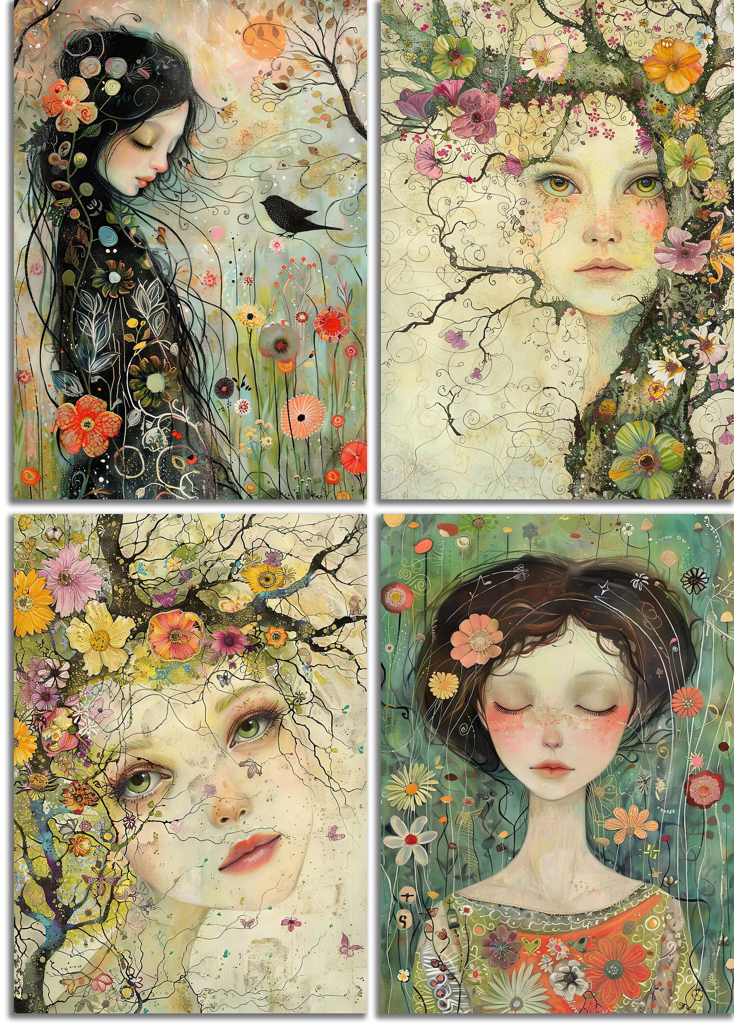 Whimsical Spring 2 Printable Art Pages, Quirky Art Pack, Flowers, Trees, Birds, Garden, Girls Wall Art, Craft Gift Idea, Junk Journal Kit