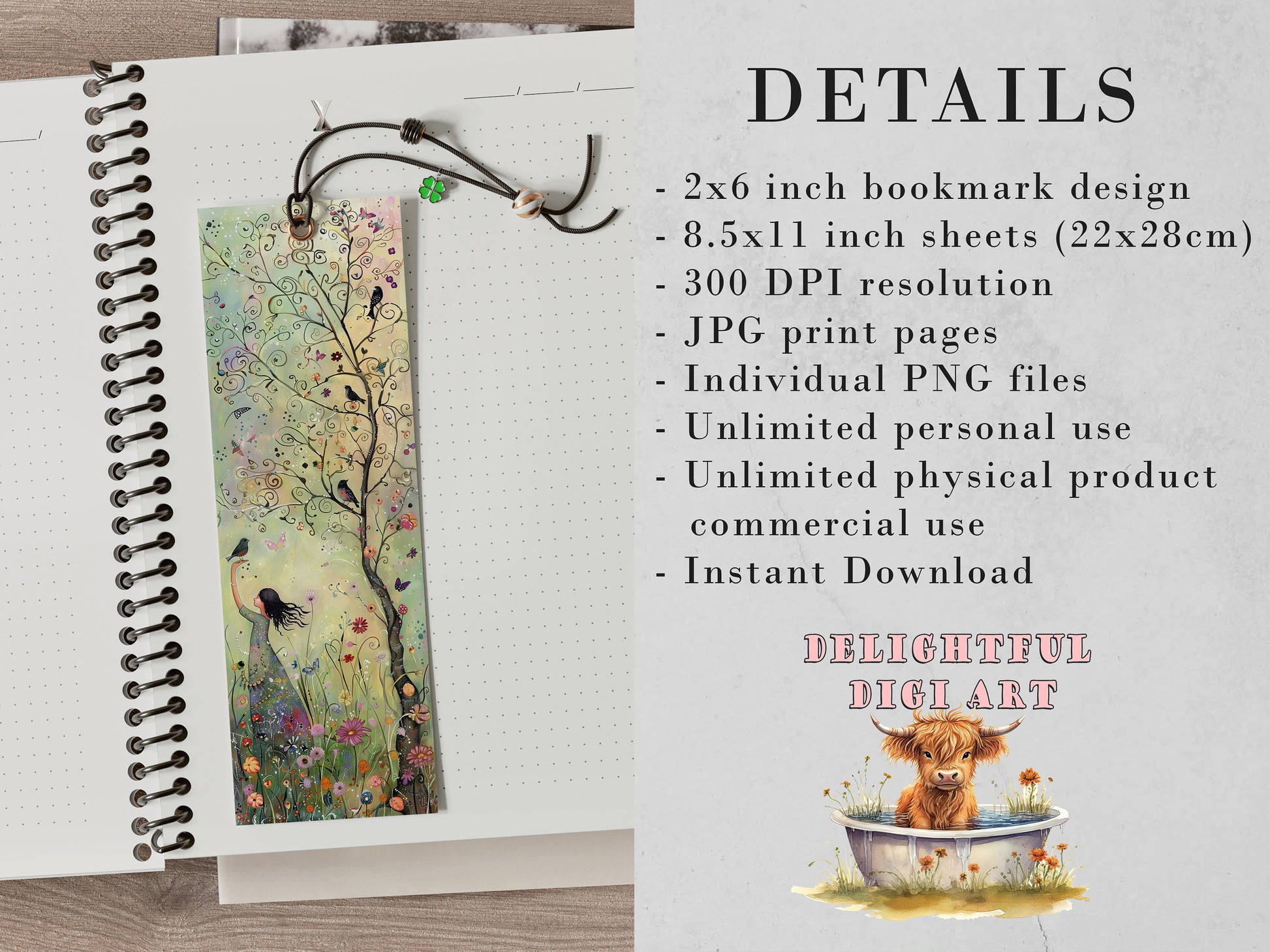 Whimsical Spring Printable Bookmarks: Trendy Gift Idea, JPG Sheets, PNG bookmark sublimation, Girls, Flowers, Birds, Butterflies, Gift Idea