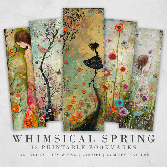 Whimsical Spring Printable Bookmarks: Trendy Gift Idea, JPG Sheets, PNG bookmark sublimation, Girls, Flowers, Birds, Butterflies, Gift Idea