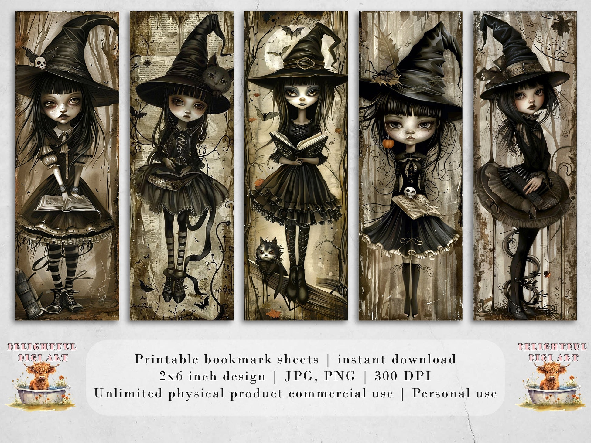 10 Little Witches Printable Bookmarks, Digital Download Halloween Set| PNG sublimation, Quirky Girls, Fussy Cuts, Spell Book, Gothic, Cute