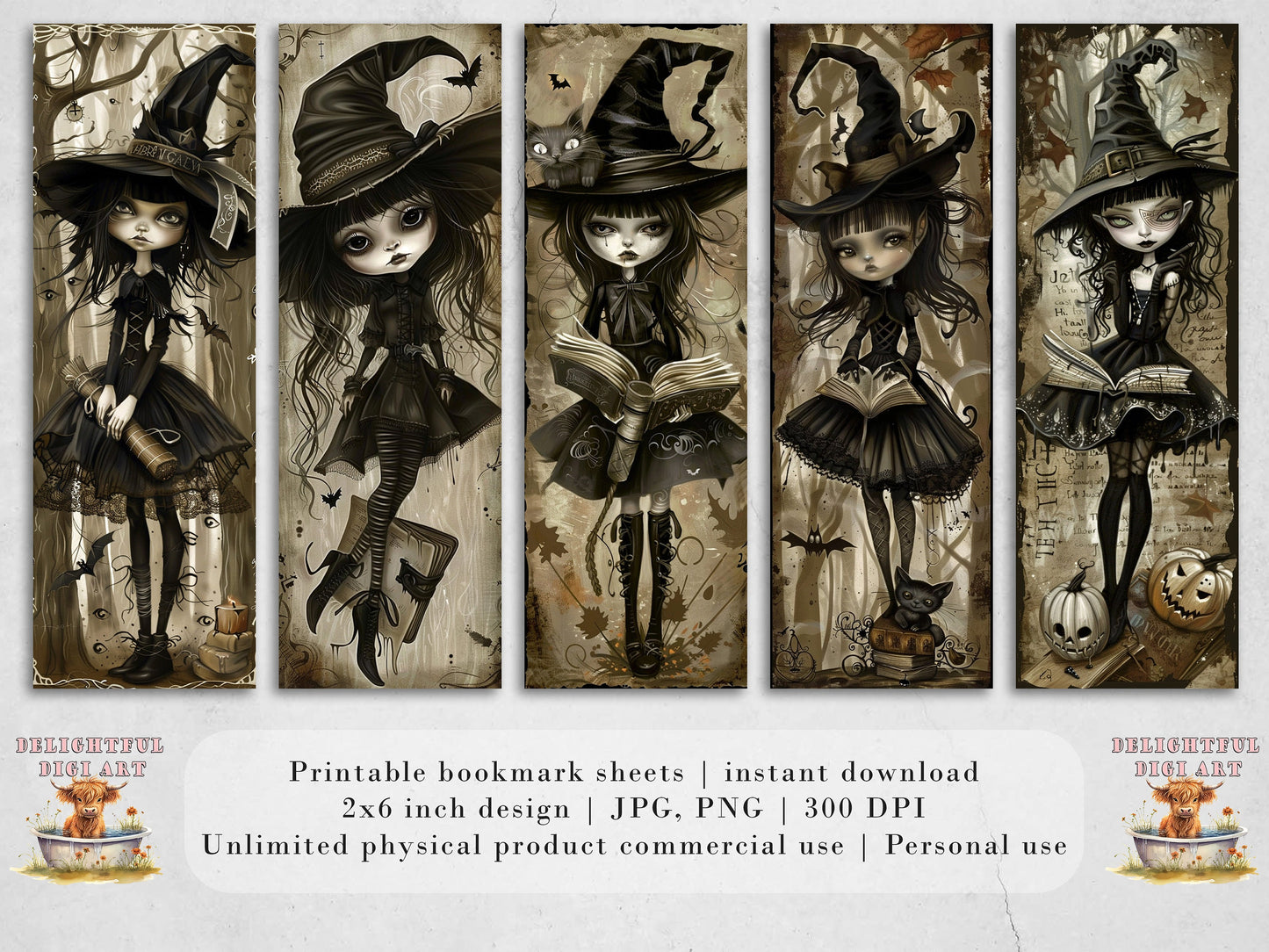 10 Little Witches Printable Bookmarks, Digital Download Halloween Set| PNG sublimation, Quirky Girls, Fussy Cuts, Spell Book, Gothic, Cute