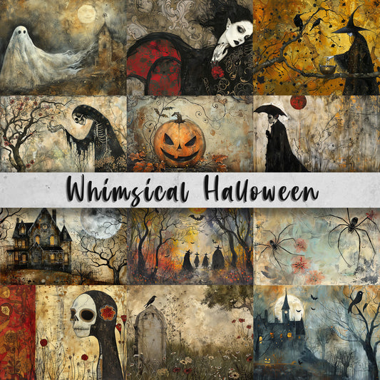 12 Whimsical Halloween Printable Art Pages| Digital Download JPG Paper Set| PNG sublimation| Vampire, Ghost, Jack O Lantern, skeleton, Grave