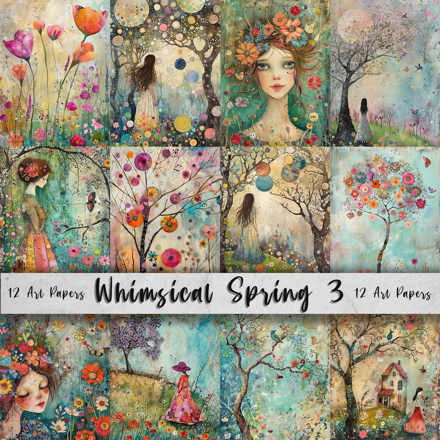 Whimsical Spring 3 Printable Art Pages, Quirky Art Pack, Flowers, Trees, Birds, Garden, Girls Wall Art, Craft Gift Idea, Junk Journal Kit