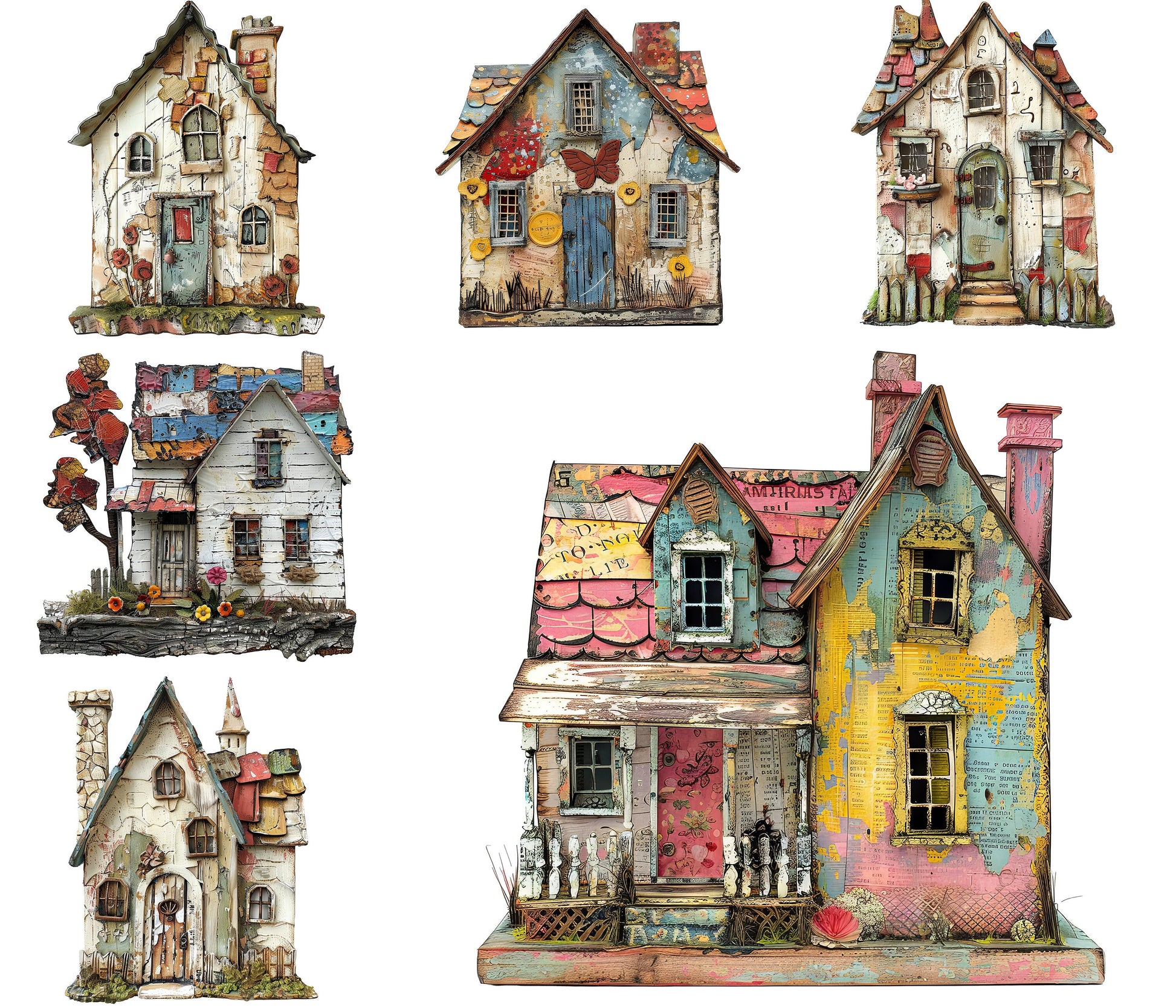 Whimsical Houses Clipart, Digital Download PNG Bundle, Quirky Images, Farm Houses, Junk Journal Art, Card Making, Cute Rustic, Collage Pack