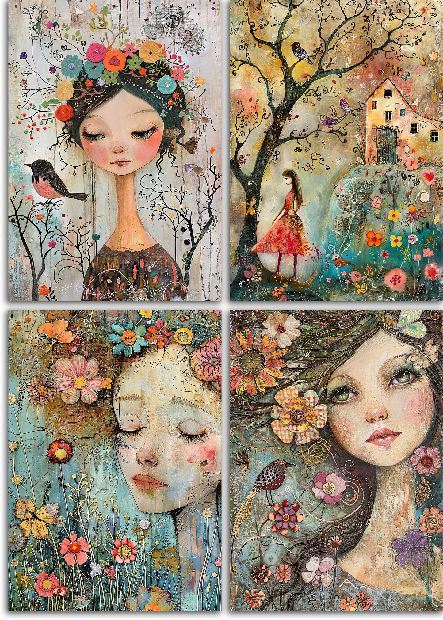 Whimsical Spring 3 Printable Art Pages, Quirky Art Pack, Flowers, Trees, Birds, Garden, Girls Wall Art, Craft Gift Idea, Junk Journal Kit