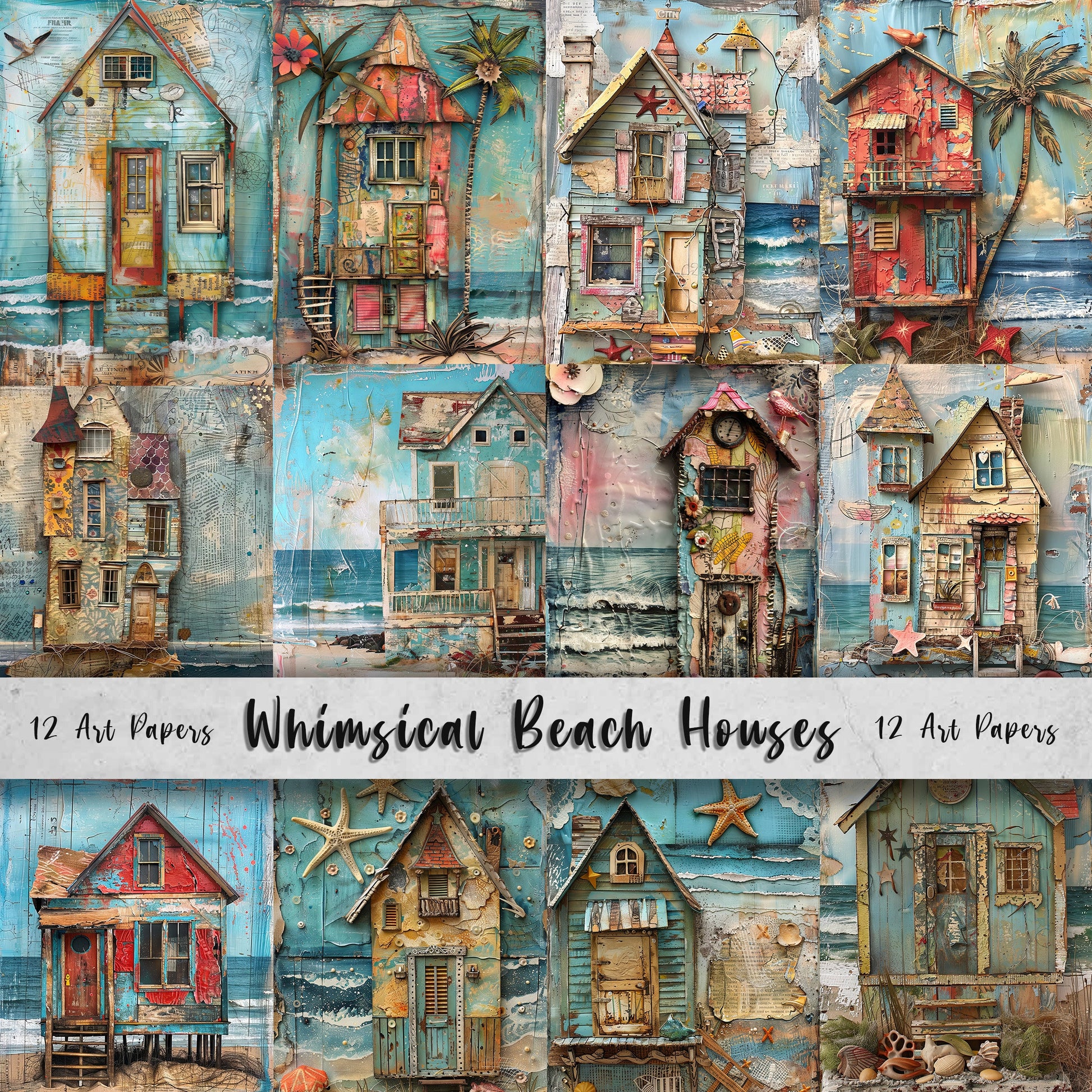 Whimsical Beach Houses Printable Art Pages, Digital Download Paper Set, Quirky Mixed Media Holiday House, Junk Journal Art Card Making Gift