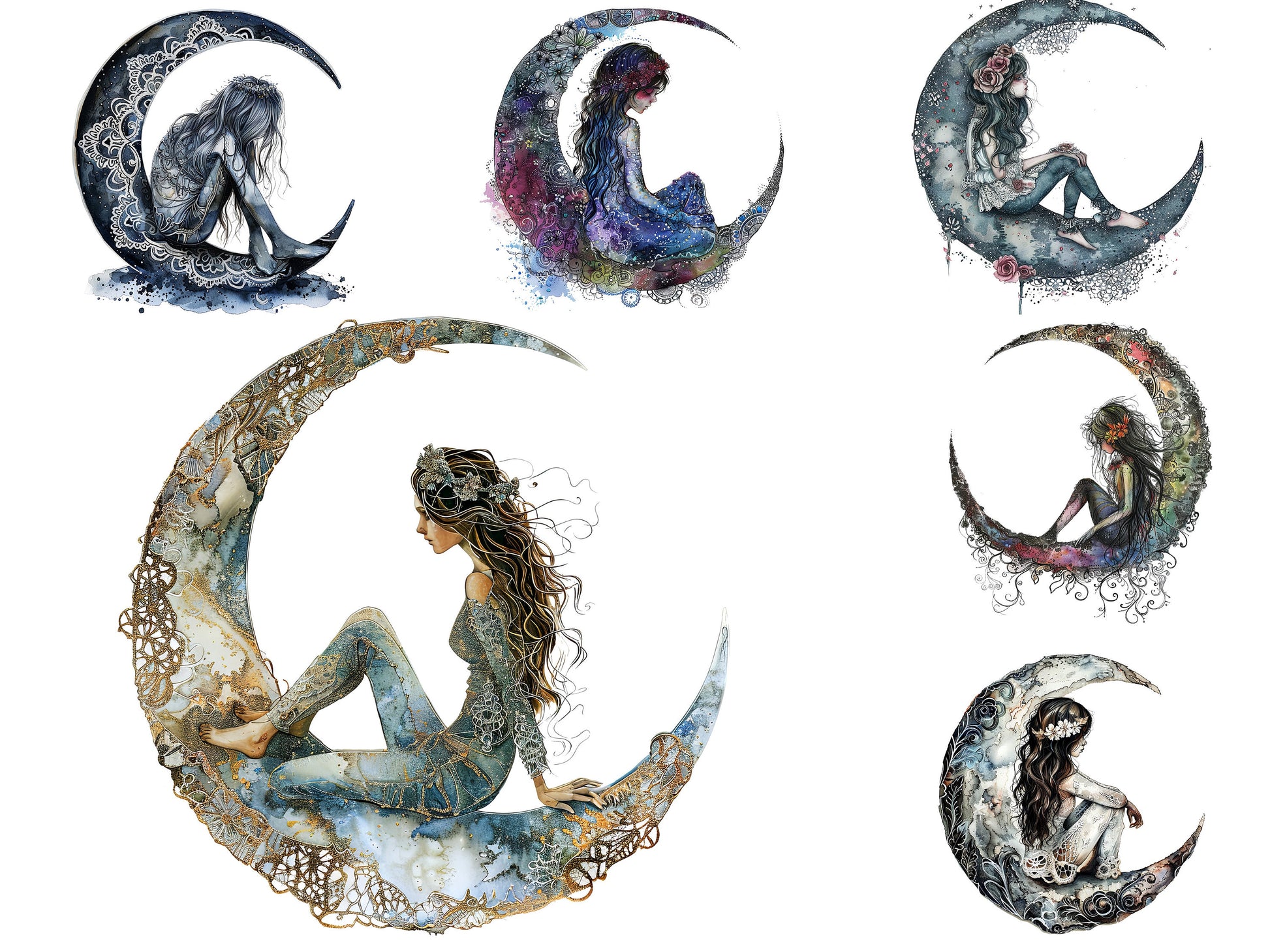 Girl on the Moon Clipart: Mixed Media Celestial Graphics for Crafts and Decor, PNG Bundle, Sublimation files, Celestial, Feminine, Dreamy