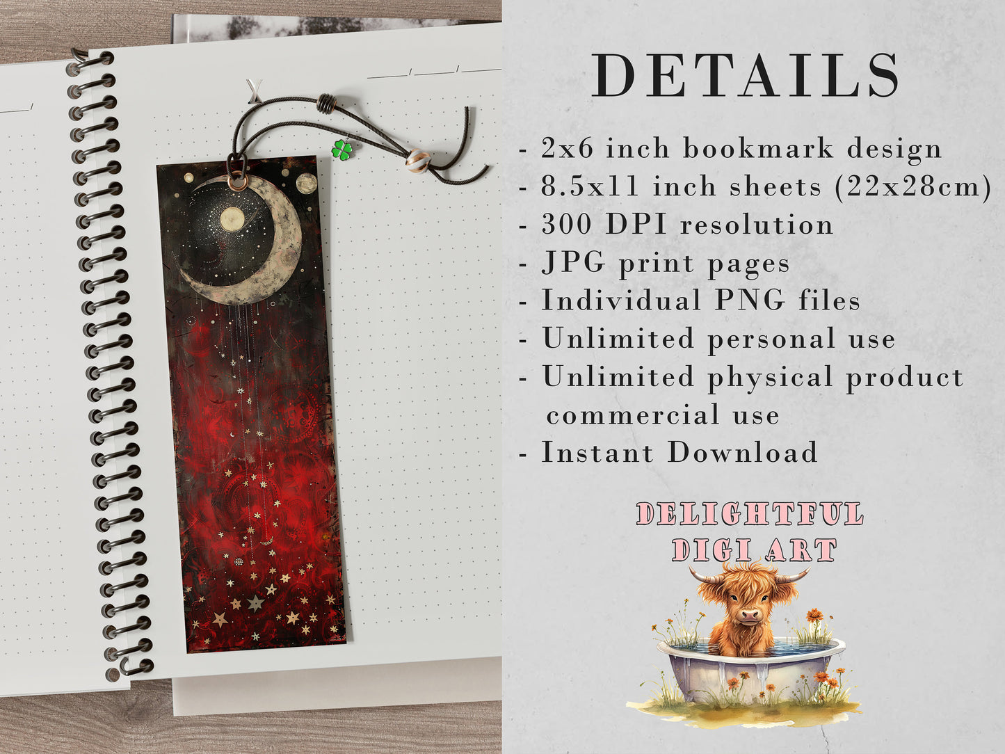 Whimsical Moon Printable Bookmarks: Quirky Bookmark Sheets, PNG Celestial sublimation, Red and Black, Trendy Art, Night time, Fantasy, Dream