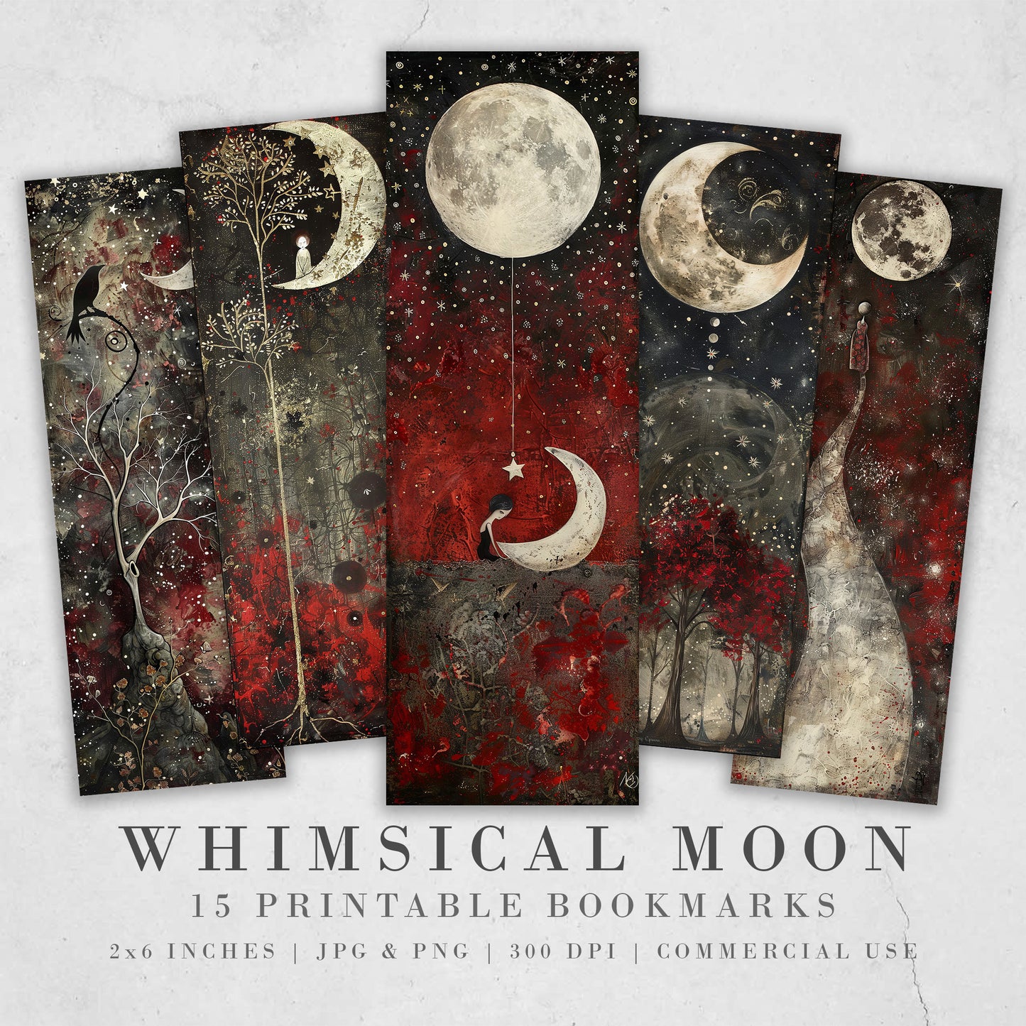 Whimsical Moon Printable Bookmarks: Quirky Bookmark Sheets, PNG Celestial sublimation, Red and Black, Trendy Art, Night time, Fantasy, Dream