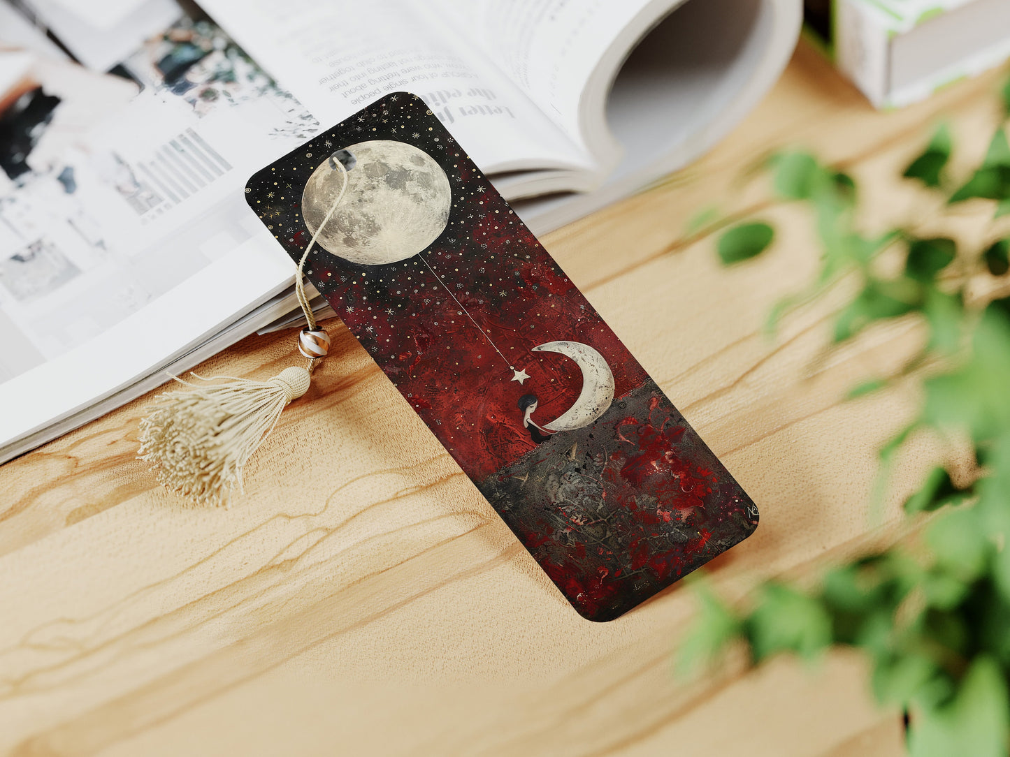 Whimsical Moon Printable Bookmarks: Quirky Bookmark Sheets, PNG Celestial sublimation, Red and Black, Trendy Art, Night time, Fantasy, Dream