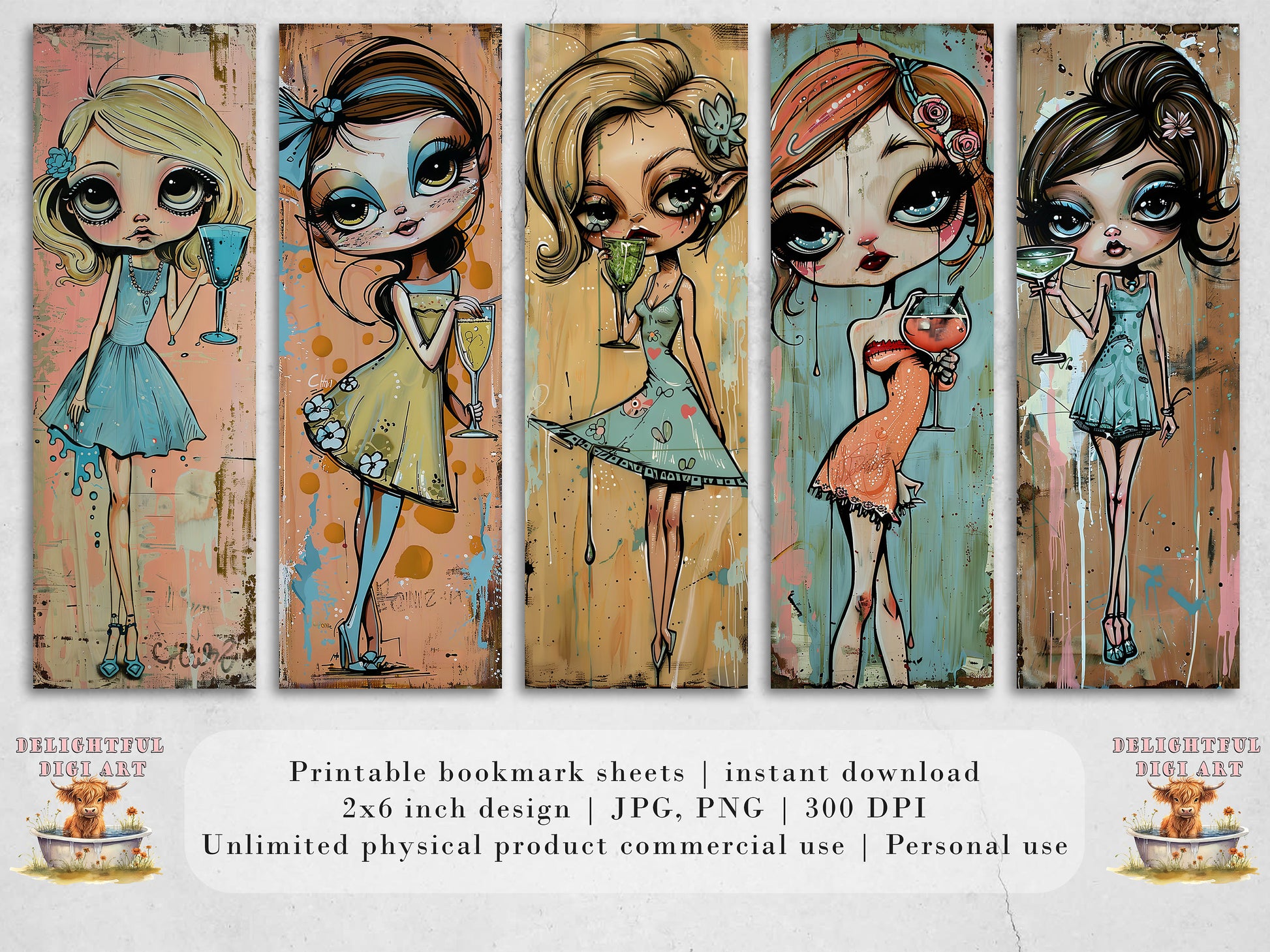 Cocktail Girls Printable Bookmarks| Quirky Mixed Media Bookmark Sheets| 10 PNG bookmark sublimation| Whimsical Summer Girl Digital Bookmarks