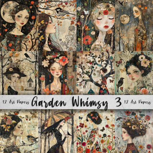 Garden Whimsy Printable Art Pages| Whimsical Art Pack | Quirky Digital Paper| Floral Scrapbooking Images and Junk Journal Art