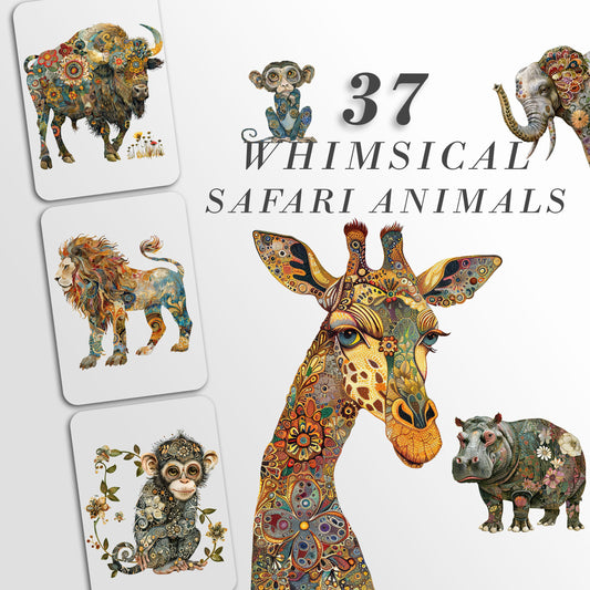 Whimsical Safari Animals: Quirky Graphics for Crafts and Decor, PNG Bundle, Sublimation files, Quirky Creatures Clipart Zebra, Lion, Hippo