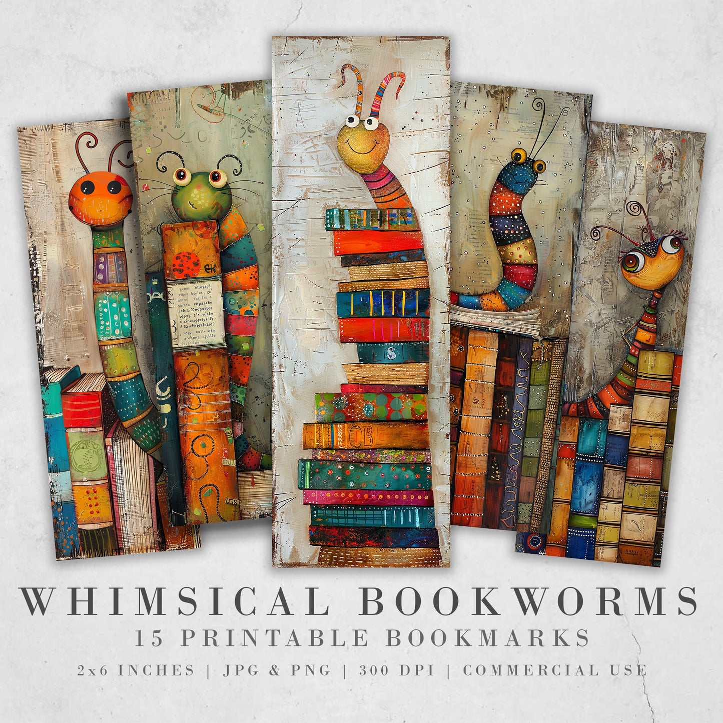 Whimsical Bookworms Printable Bookmarks, Digital Download JPG Bookmark Sheets, PNG bookmark sublimation, Quirky Bookish Gift, Kids Crafts