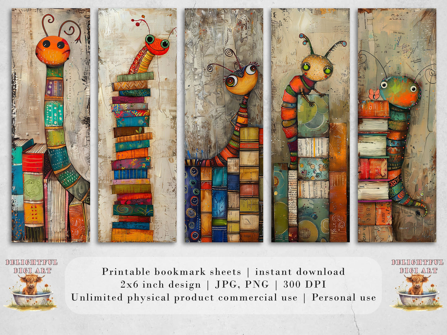 Whimsical Bookworms Printable Bookmarks, Digital Download JPG Bookmark Sheets, PNG bookmark sublimation, Quirky Bookish Gift, Kids Crafts