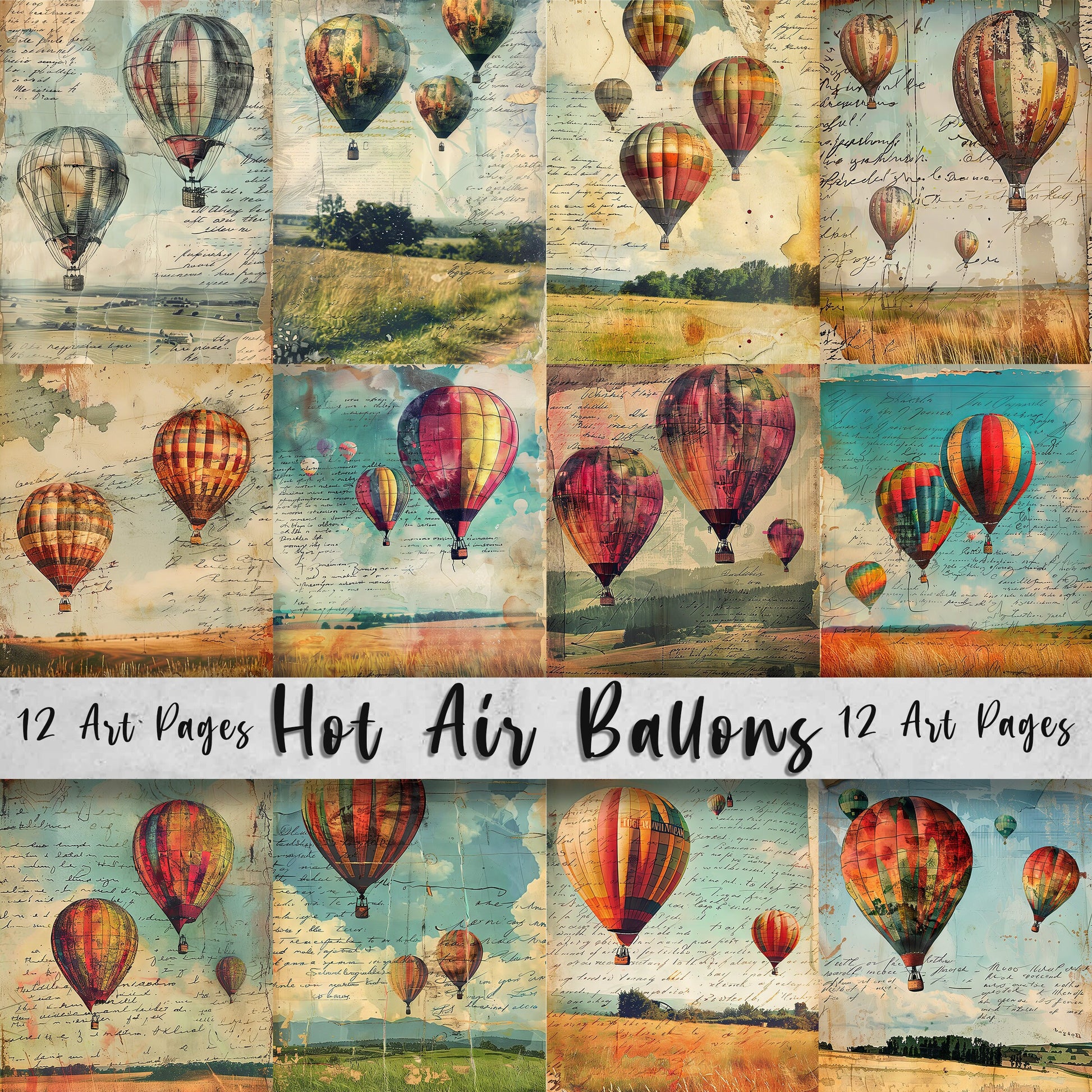 Hot Air Balloon Printable Art Pages, Digital Download Paper Set, Quirky Mixed Media Holiday, Junk Journal Art Card Making Gift Scrapbooking