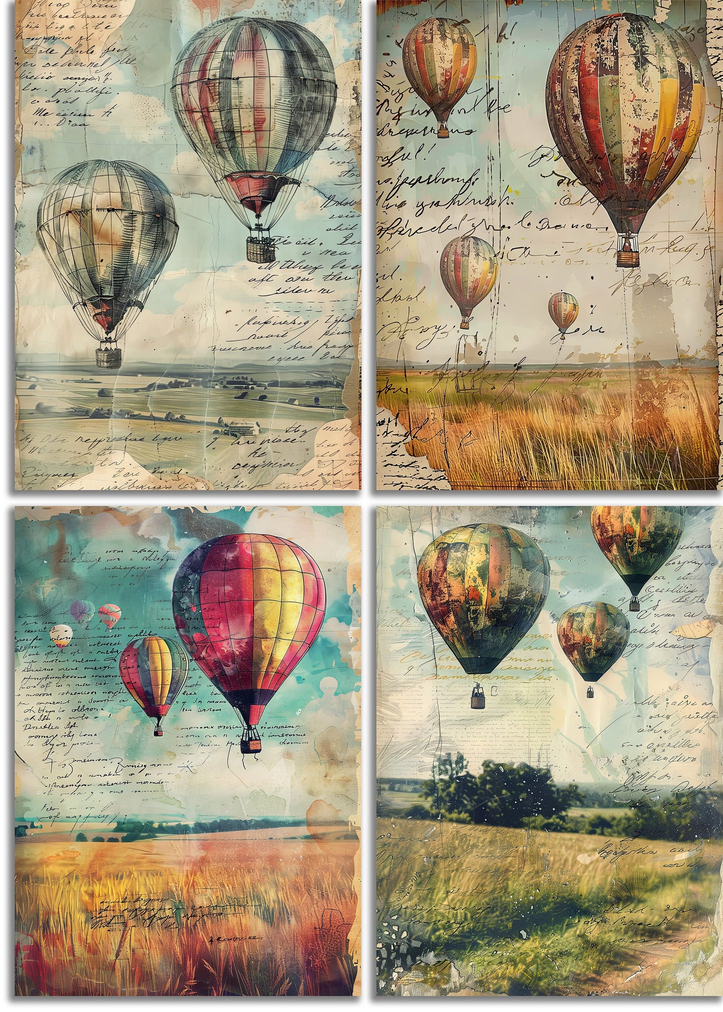 Hot Air Balloon Printable Art Pages, Digital Download Paper Set, Quirky Mixed Media Holiday, Junk Journal Art Card Making Gift Scrapbooking