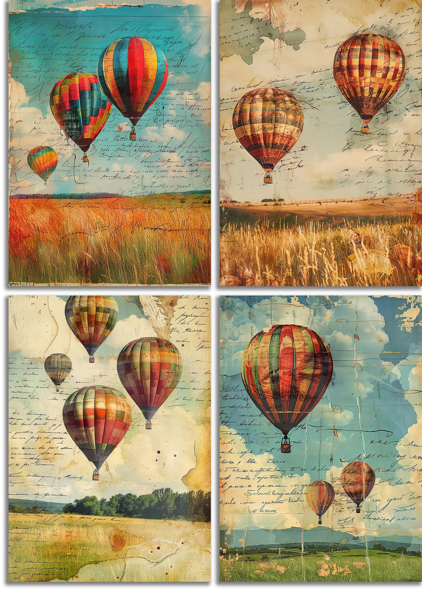 Hot Air Balloon Printable Art Pages, Digital Download Paper Set, Quirky Mixed Media Holiday, Junk Journal Art Card Making Gift Scrapbooking