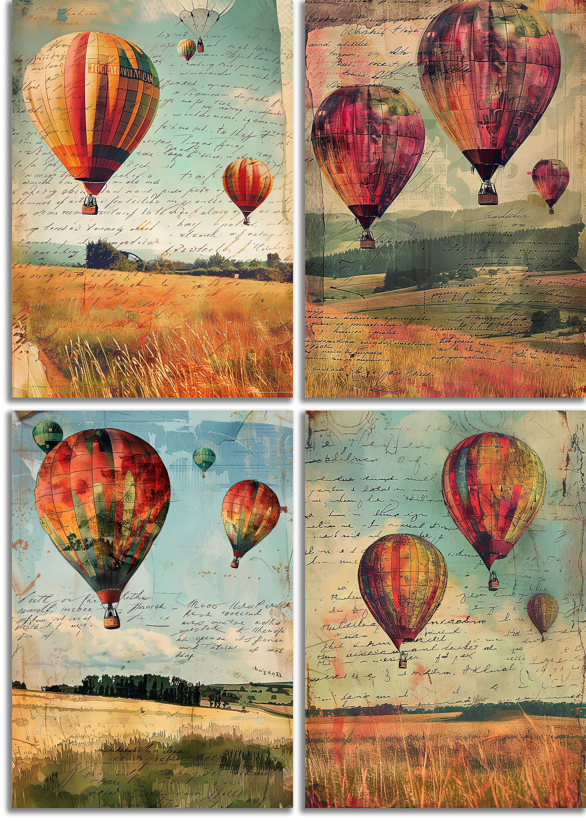 Hot Air Balloon Printable Art Pages, Digital Download Paper Set, Quirky Mixed Media Holiday, Junk Journal Art Card Making Gift Scrapbooking