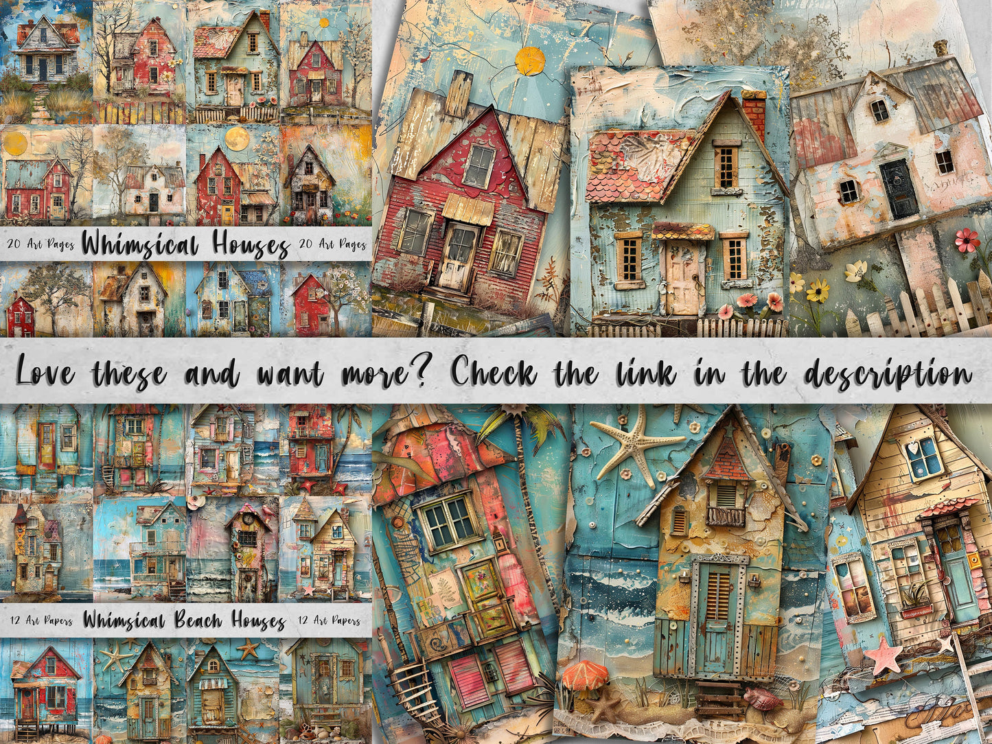 Whimsical Farm Houses Printable Art Pages| Digital Download Paper Set| Quirky Digital Paper Mixed Media Houses| Junk Journal Art Card Making