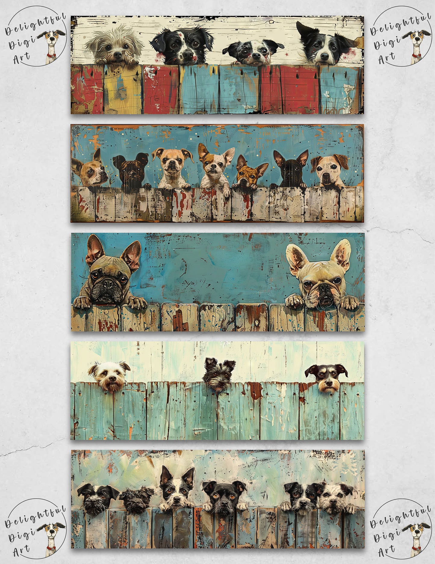 Dogs on a Fence Printable Bookmarks, Digital Download JPG Bookmark Sheets, PNG sublimation, Mixed Media Dog Lover Crafter Gift for women