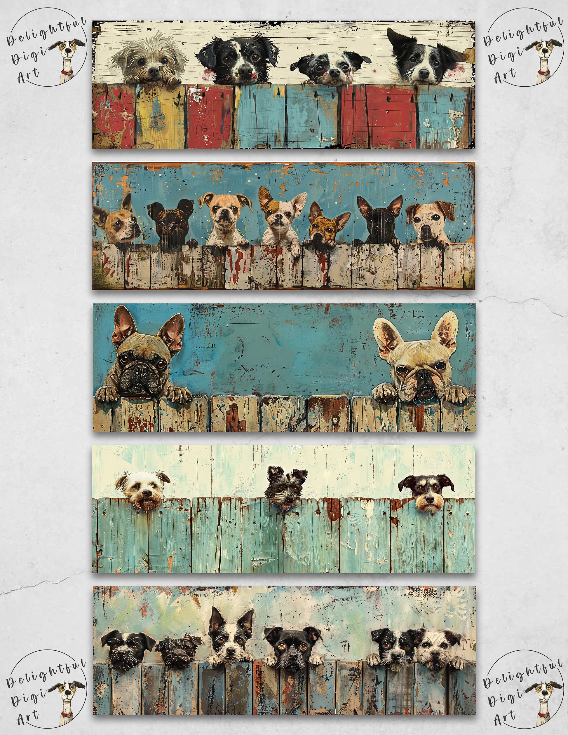 Dogs on a Fence Printable Bookmarks, Digital Download JPG Bookmark Sheets, PNG sublimation, Mixed Media Dog Lover Crafter Gift for women