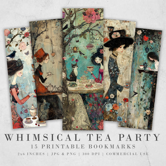 Whimsical Tea Party Printable Bookmarks, 15 Quirky Mixed Media Collage| PNG sublimation, Teacups and saucers, vintage ephemera, scrapbooking