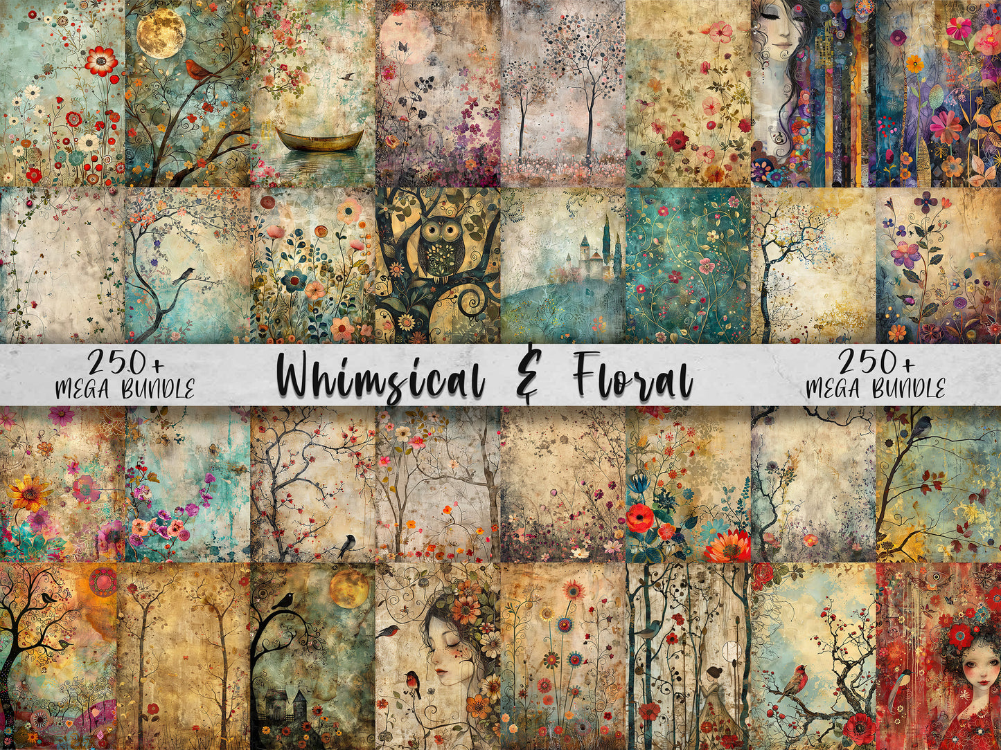 250+ Whimsical & Floral Backgrounds, Digital Download Paper Set, Whimsical, Quirky, Junk Journal, Scrapbook, JPG, 5x7, DIY Card Making Pack