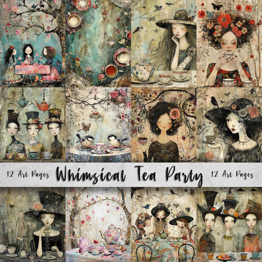 Whimsical Tea Party Printable Art Pages, Quirky Art Pack, Flowers Trees Birds, Garden, Landscape, Scrapbooking, Junk Journal Craft Gift Idea