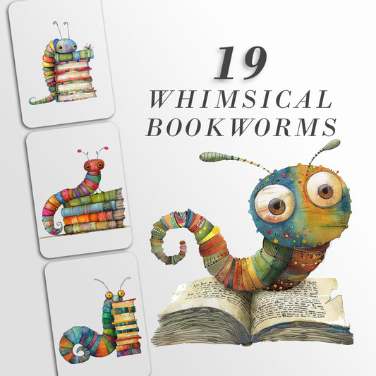 Whimsical Bookworms Clipart: Cute Files for Crafts and Decor, PNG Bundle, Digital Download, Sublimation, teacher, reading lover, kids art