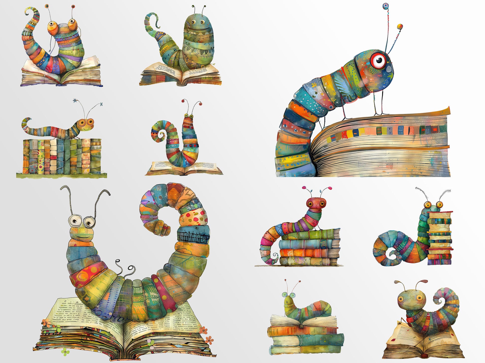 Whimsical Bookworms Clipart: Cute Files for Crafts and Decor, PNG Bundle, Digital Download, Sublimation, teacher, reading lover, kids art